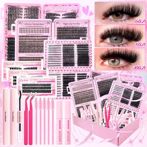 Lash Clusters Kit 2080Pcs Individual Cluster Lash Extensions Kit Wispy Natural Cat Eye 40D+50D+60D+80D+100D Wispy Eyelash Clusters with Lash Bond and Seal and Tweezers Mixed Length 6 Styles Mix Lashes Clusters Kit for Beginners Makeup Cosmetic