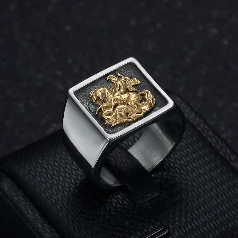 GTHIC Vintage St. George Dragon Knight Slayer Ring for Men Statement Stainless Steel Hypoallergenic Design Jewelry Accessory Daily Wear