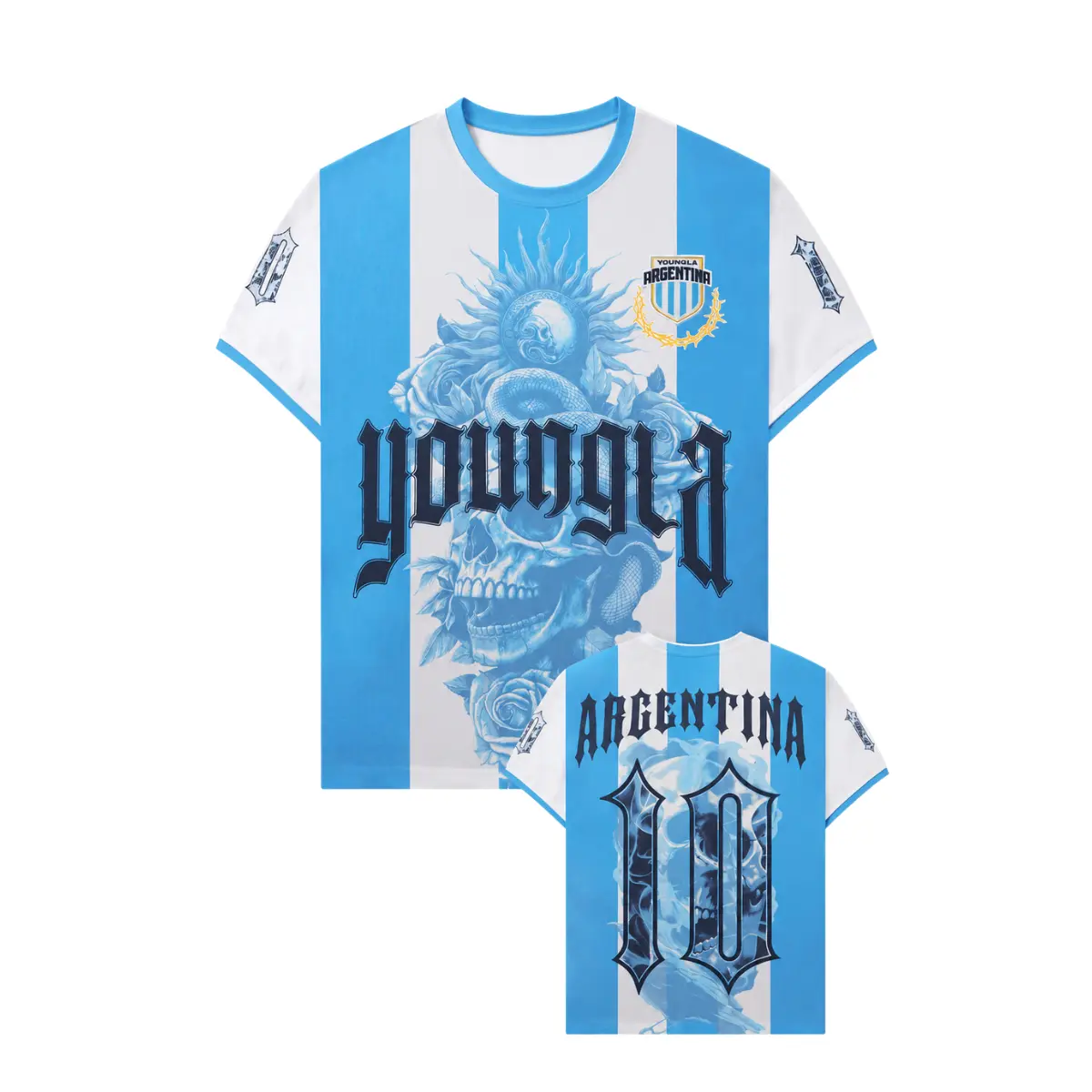 Yla x Argentina #10 Soccer Jersey Shirt, Gothic Skull Graphic Football Fan Tee, Blue White Striped Streetwear Jersey, Argentina Supporter Gift, Unisex Athletic Shirt