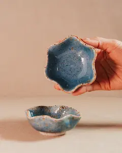 Handcrafted Blue Flower Ceramic Bowl | Speckled Glaze Small Dish