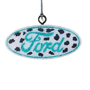 Ford Cowprint Car Freshie - Black Cowprint Design with "Ford" Text, Circular Shape, Ideal for vehicles and small spaces.