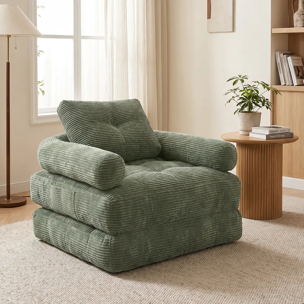 Bone-less modular sofa, modern adjustable 2-in-1 corduroy sleeping bed for floors, includes a soft padded seat cushion, no assembly required, cloud sofa style, suitable for living rooms and bedrooms
