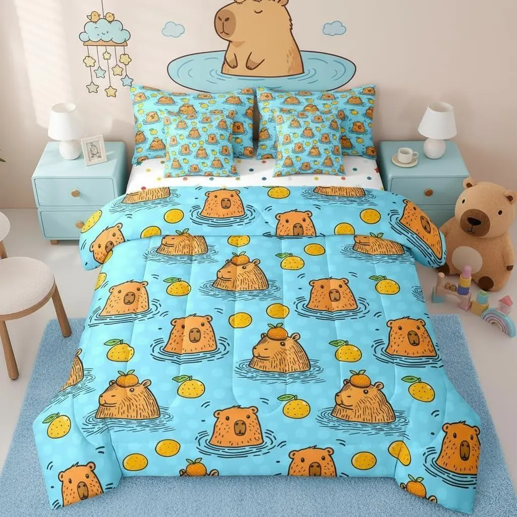Feelyou 7-Piece Capybara Bedding Set - Gentle Soft Blanket, Fruit-Printed Blue-Brown Natural Bedsheets, Animal-Themed for Kids, Ideal for Kids Room Decor, Cozy Bed Setup, Valentine's Day Use