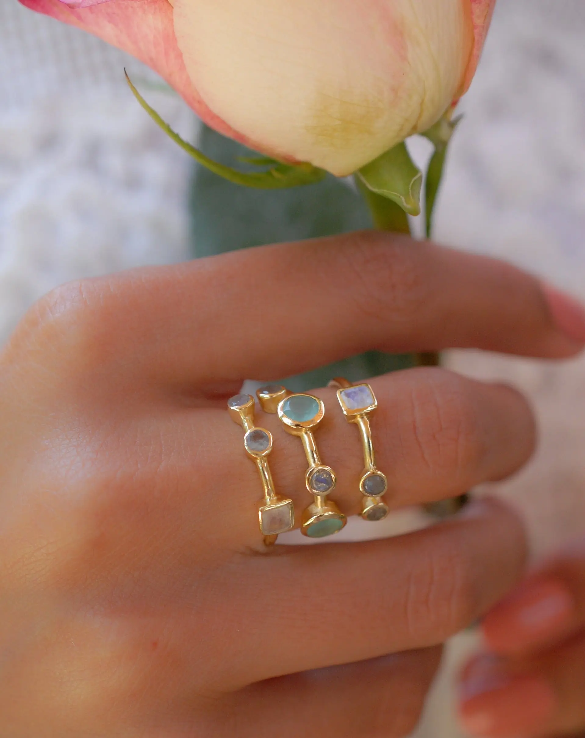 Kathy Ring *Labradorite, Moonstone and Teal Chalcedony * Gold Plated * BJR072
