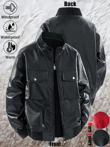 New Unisex Fashionable Oversized Windproof Warm Waterproof Durable Crocodile-Resistant PU Red Leather Motorcycle Jacket, Versatile Multi-Pocket Personalized Trendy Couple's Leather Outfit, Suitable for Daily Commuting, Wilderness Exploration, Hiking, and