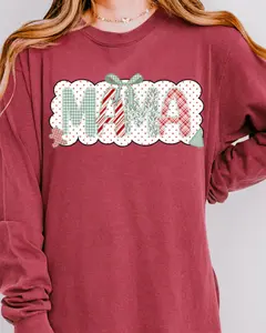 Green And Gingham Christmas Custom Name Comfort Colors Heavyweight Long Sleeve T-Shirt *Personalize Your Name Soft Tops