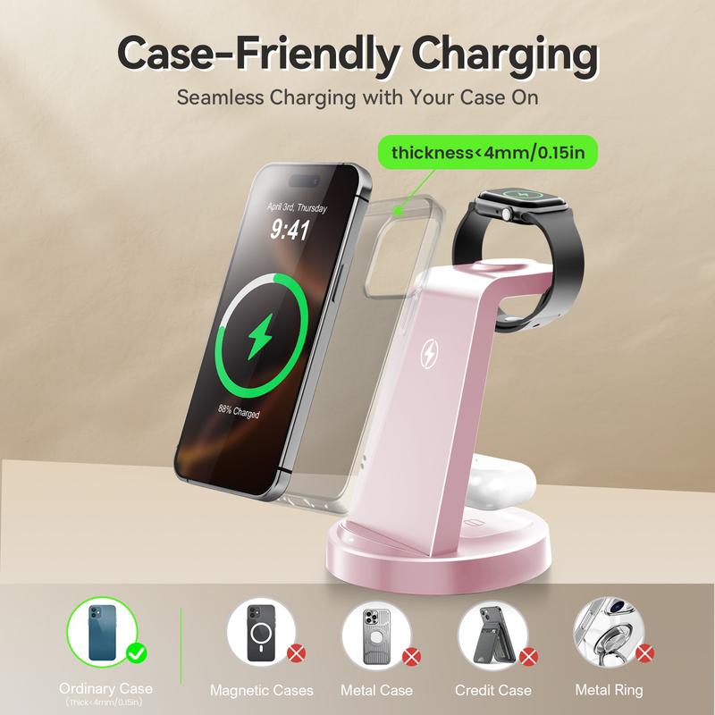 Premium Wireless Charger Stand with Case-On Charging & Sleep-Friendly Mode for iPhone, Samsung, Apple Watch & AirPods — Includes Power Adapter