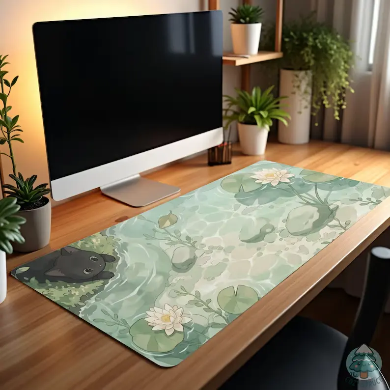 Black Cat Lily Pad Pond Desk Mat, Kawaii Floral Mouse Pad, Sage Green Keyboard Mat, Water Lily Gaming Desk Mat