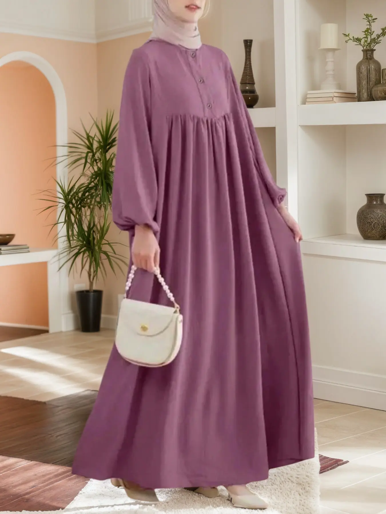 Women's Conservative Bubble Sleeve Dress, Natural Color Button Casual Loose Long Dress, All Seasons Long Sleeve Plain Style, Modest Muslim Clothing, Islamic Muslim Clothing