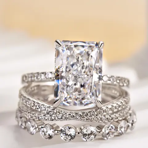 Effinny Elegant 4.5ct Radiant Cut 3PC Stackable Silver Wedding Ring Set, 5A Cubic Zirconia Engagement Rings for Women, Bridal Promise Anniversary Piece