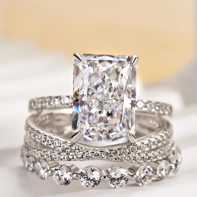 Effinny Elegant 4.5ct Radiant Cut 3PC Stackable Silver Wedding Ring Set, 5A Cubic Zirconia Engagement Rings for Women, Bridal Promise Anniversary Piece