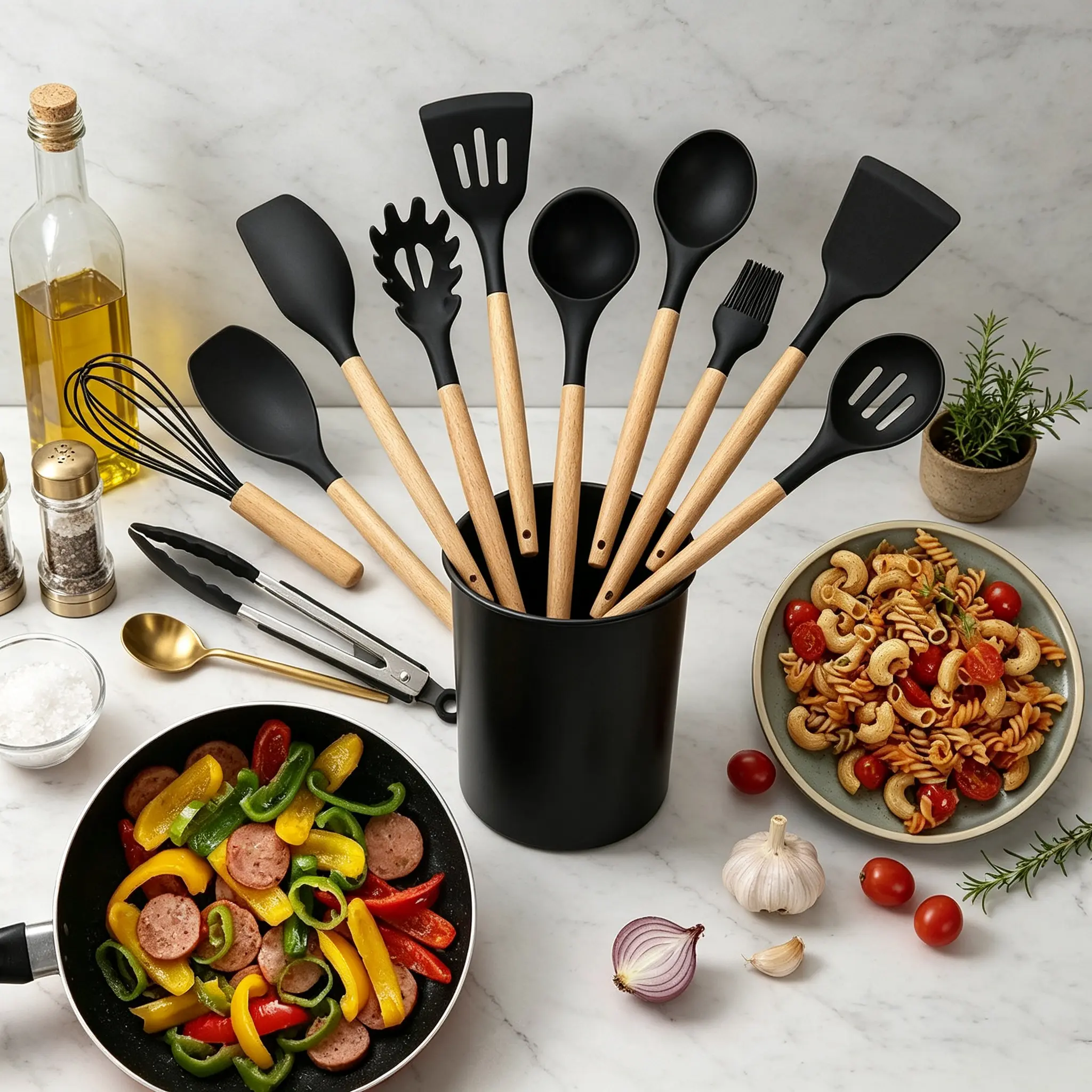 12-Piece Minimalist Silicone Wood Kitchen Cookware Set, Sturdy Non-Stick Heat-Resistant Non-Scratch Utensils with Wooden Handles, Includes Spatula, Soup Ladle, Pasta Fork, Whisk & Storage Holder, Gift-Ready for Baking, Stir-Frying