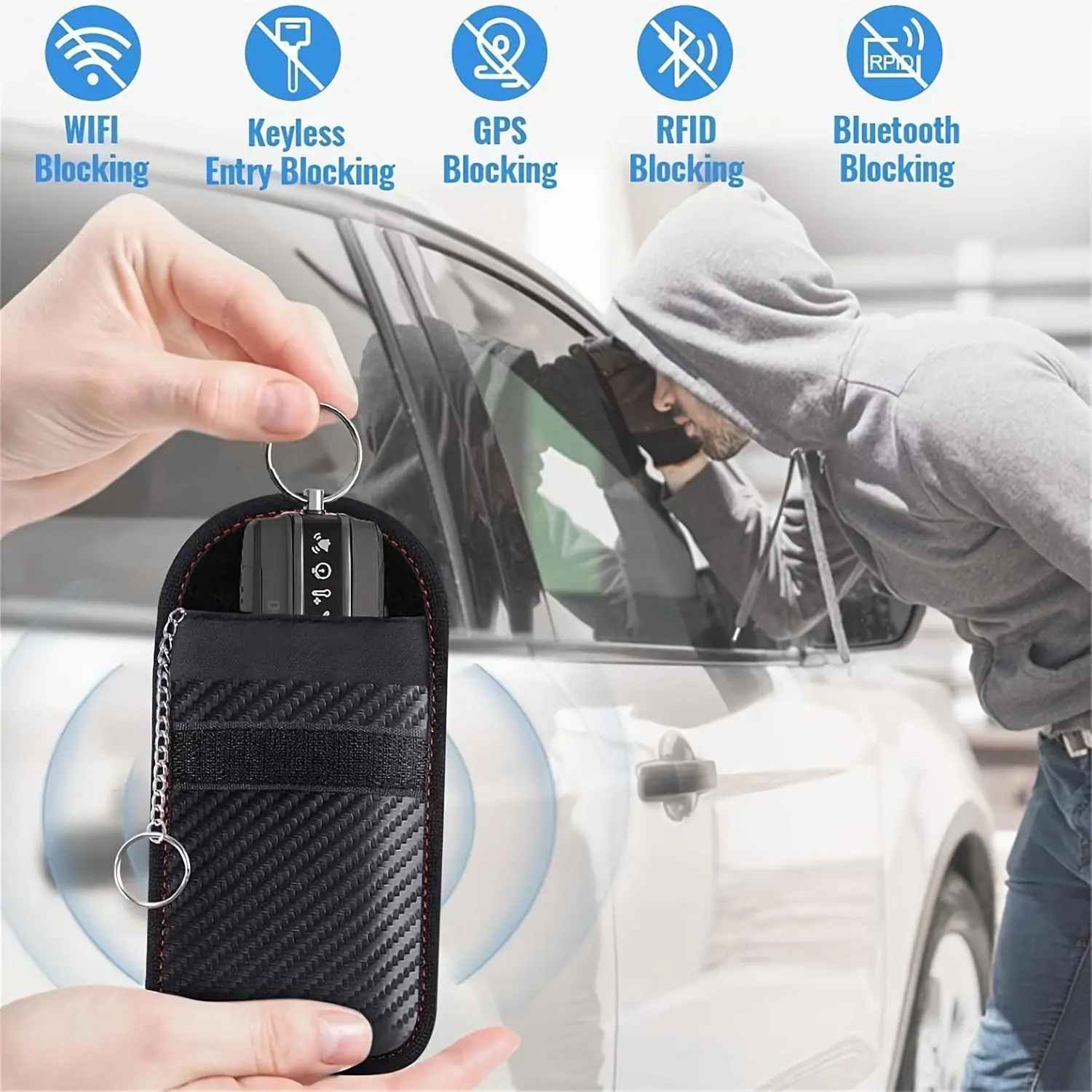 2pcs Black Car Key Protector, Carbon Fiber Design, Synthetic Fiber Material, Universal Fit, Anti-Theft Faraday Bag with Keychain, Double-Layer Shielding