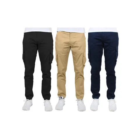 Men's 3-Pack 97% Cotton-Spandex Elastane Cargo Trousers - Menswear All-Purpose Pants, Breathable Flex-Stretch Fit, Mid Waist, Straight Leg, 31-In Inseam, Zipper, Button, Multiple Pockets, Durable Plain All-Season Black/Khaki/Navy Casual Bottoms