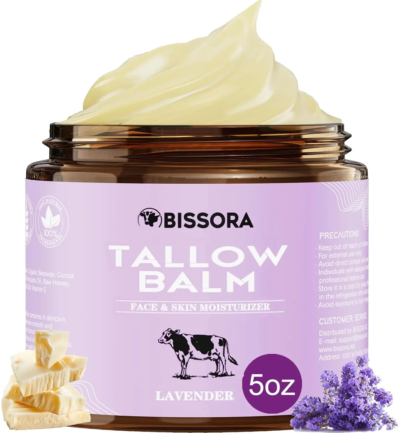Hydrating Tallow Body Cream with Lavender & Honey - Unisex Body Moisturizer, Daily Apply Soothing Skin Repair Balm, No Redundant Additives, 300g, Contains Honey