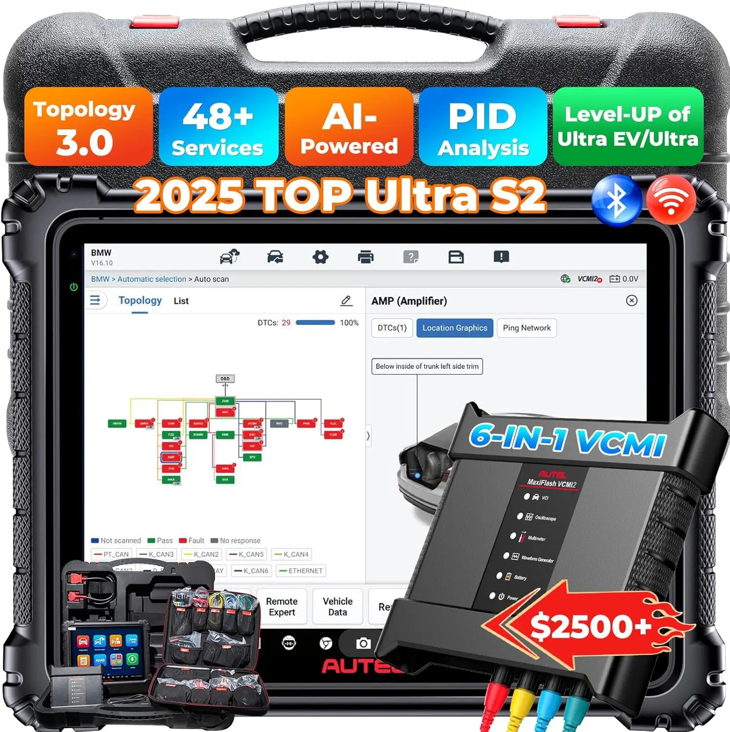Autel MaxiSys Ultra S2 AI Scanner, 2025 Top Ultra S2 Intelligent Scan Tool Up of Ultra MS909 MS919, 6-in-1 VCMI2, Topology 3.0, Motor Truspeed, Multi-Point DVI, EV Tests, 48+ Resets, ECU Programming