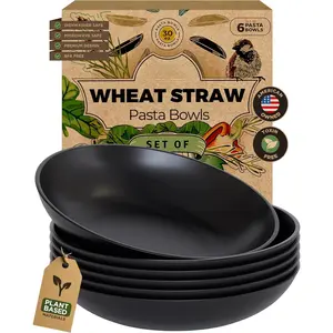 Wheat Straw Pasta Bowls - 30oz Unbreakable Wide & Shallow Dinner Plate Bowls Set of 6 - Microwave Safe  Plastic Pasta Bowls for , Adults, Salad, Camping, RV - Midnight