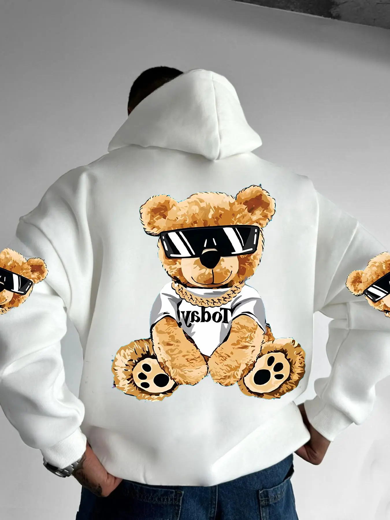 Men's Cartoon Bear Print Drop Shoulder Hoodie, Fashion Casual Regular Fit Drawstring Pocket Hooded Sweatshirt for Daily Holiday Outdoor Wear, Men Clothes for Fall & Winter, Casual Graphic Streetwear