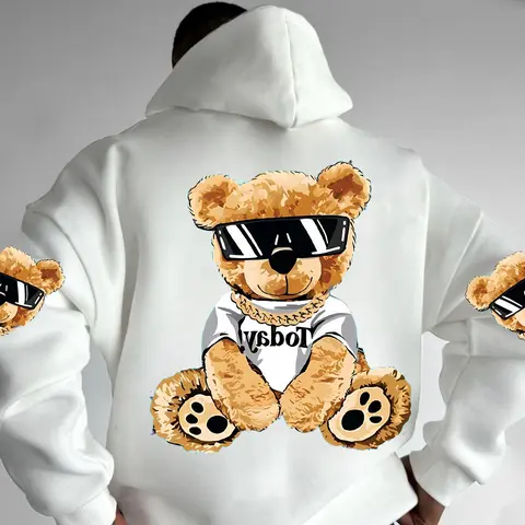 Men's Cartoon Bear Print Drop Shoulder Hoodie, Fashion Casual Regular Fit Drawstring Pocket Hooded Sweatshirt for Daily Holiday Outdoor Wear, Men Clothes for Fall & Winter, Casual Graphic Streetwear