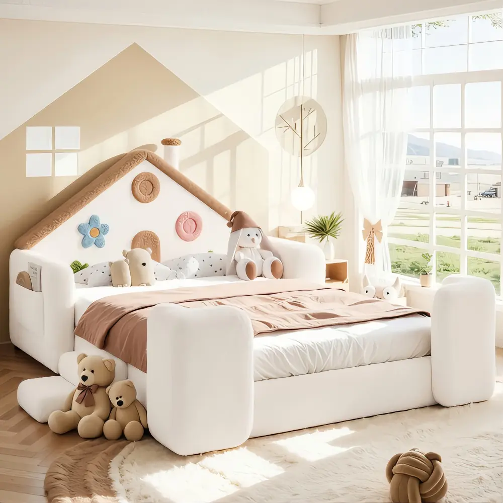 Whole house style soft pack floor bed, soft pack bed with safety side rail, solid wood bed frame, low floor house bed