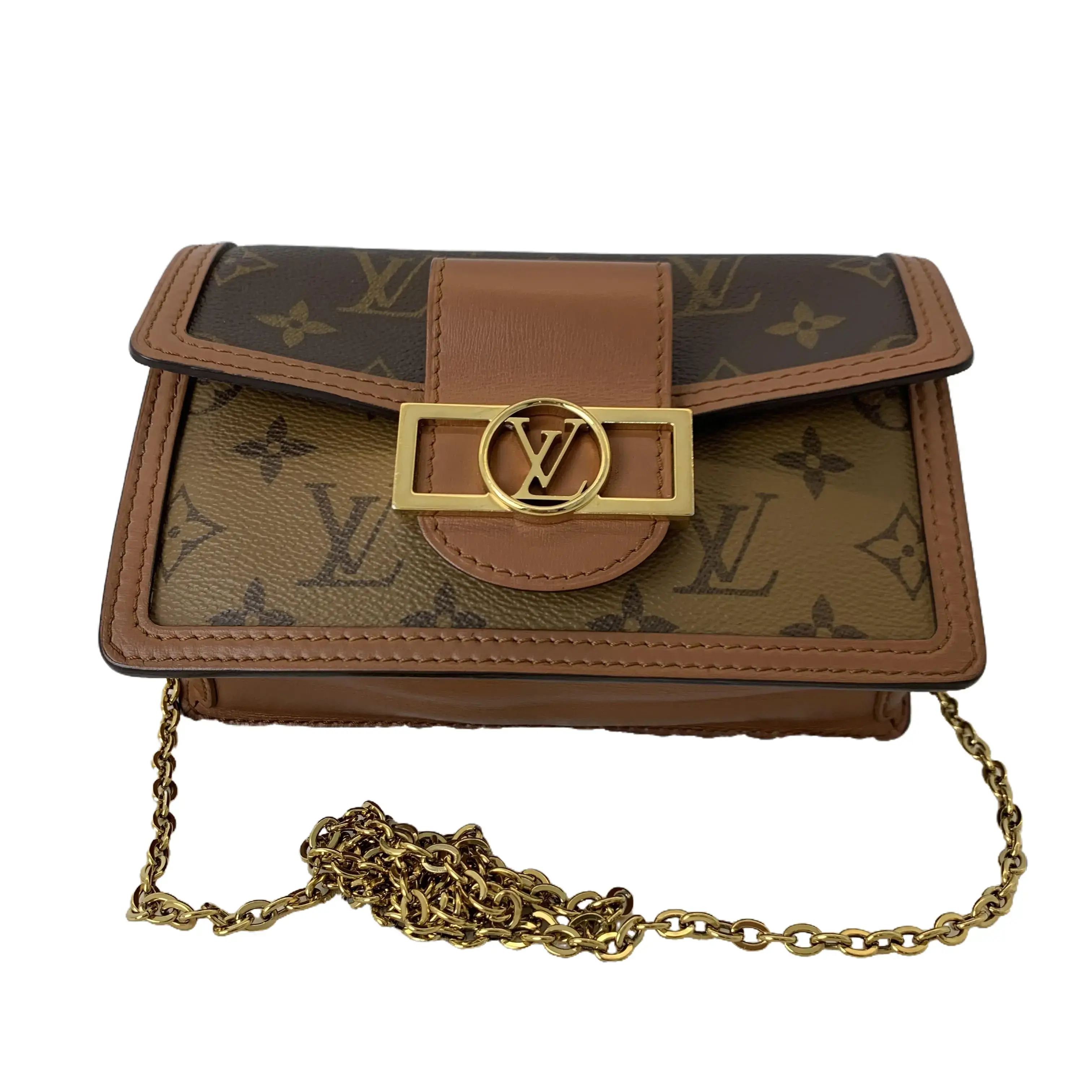 Pre-owned Louis Vuitton Mini Dauphine Monogram Reverse Canvas Compact Crossbody Bag, Shoulder Bag with Classic Gold Metal LV Circle Hardware, Natural Tan Cow Leather (TKB00000023)