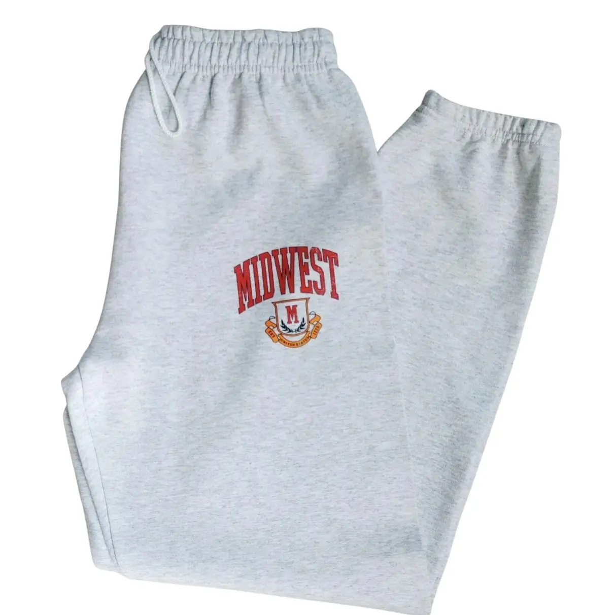 Midwest Logo Sweatpants, Distressed Varsity Joggers, Ash Gray Oversized Gildan Sweatpants, Unisex Drawstring Lounge Pants D