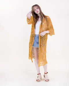 Sunburst Crochet Button Front Maxi Kimono Cardigan – Boho Openwork Lace Duster