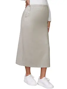 INSPIRE CHIC Women's Business Maternity Skirts Straight Casual Over the Belly Stretchy Knit Midi Pregnancy Skirt Brown
