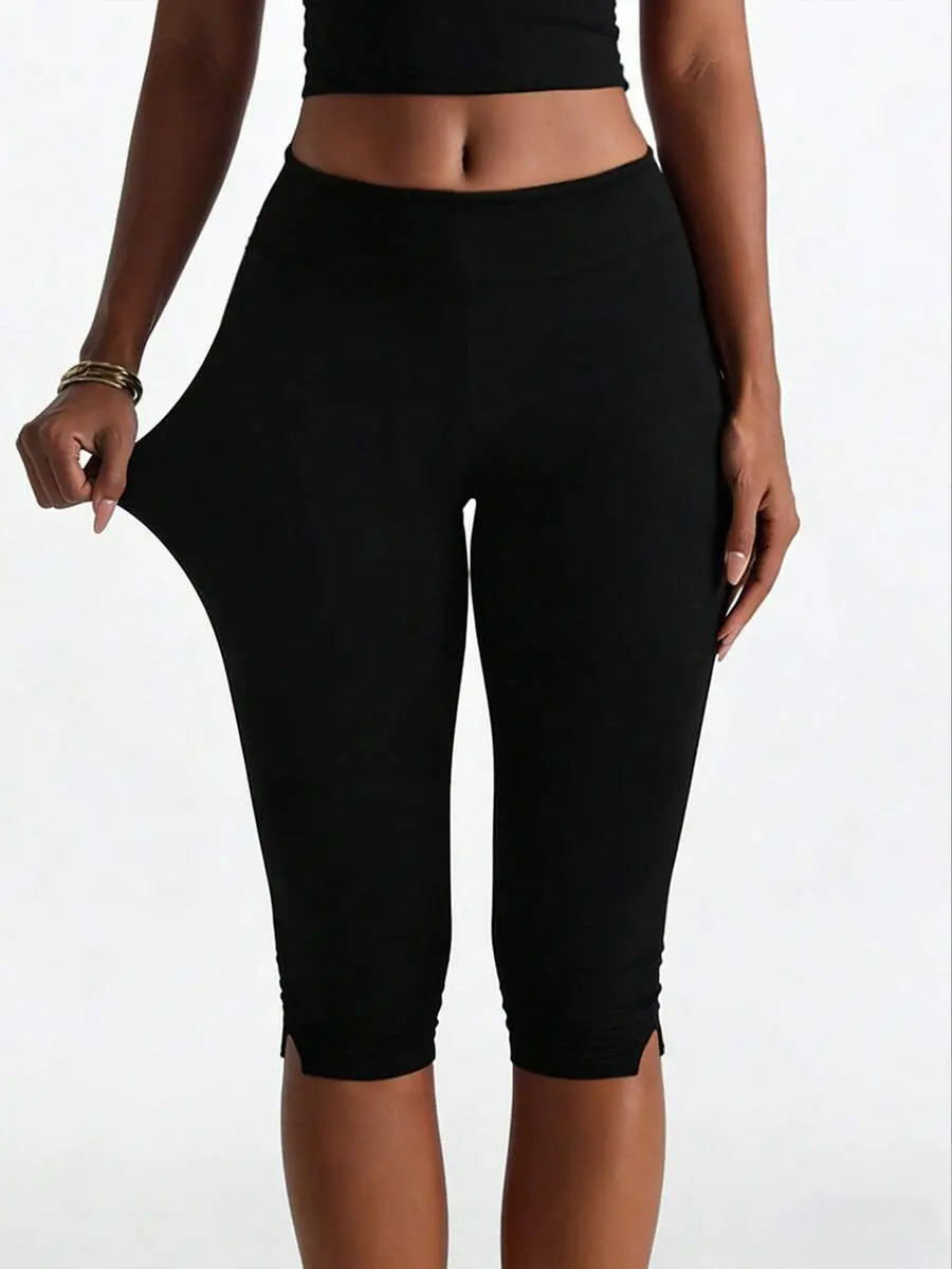 OFFGIRD x XLLAIS Women's Brown Elastic Casual Sports Fitness Capri Pants With Split Hem, Summer, Athleisure