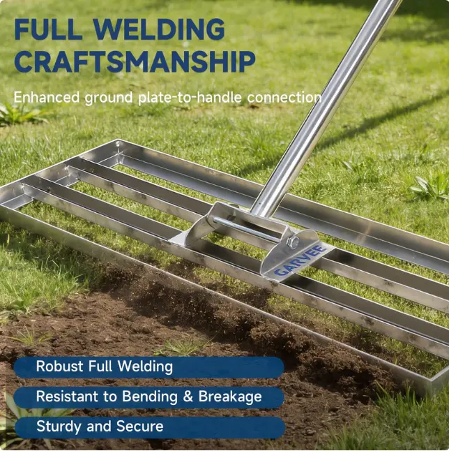 Professional Heavy Duty Stainless Steel Lawn Leveling Rake – 30x10 Inch, 6.5FT Extended Handle, Yard Leveler and Soil Spreader – With Gloves | Size 30*10 | Handle 6.5FT | Stainless steel | With gloves