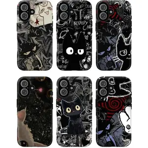 Gothic Black Cat Creepy Cute Skulls Scribble Art Tough Phone Case. Dark Y2K Grunge Aesthetic Heavy Duty Shockproof Protective Smartphone Cover for iPhone 17 Pro Max 16 Air 15 14 13 12 11. Edgy Gift For Him.