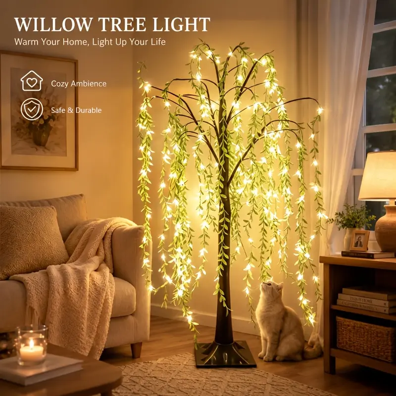 Rechargeable LED Weeping Willow Floor Lamp - USB-Powered, 2000 Lumen Warm White Light, Mini Neon Artificial Tree, Indoor/Outdoor Home Decor, Wedding Gift Item