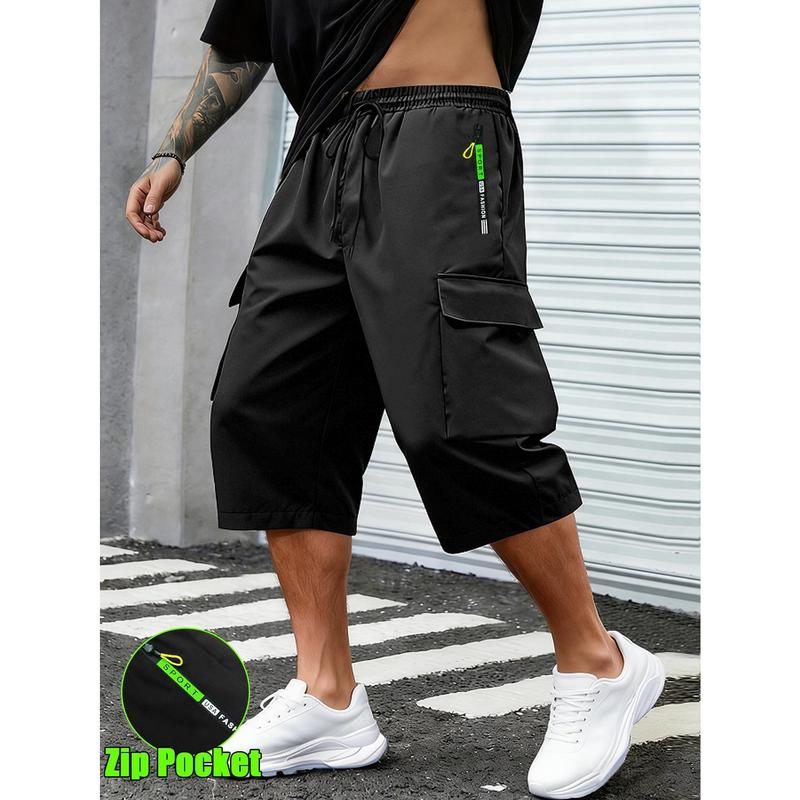Men's 7/8 Length Sporty Cargo Joggers - Mid-Rise Waist Normal Fit, Lightweight Water-Resistant Nylon Summer Pants, Zip Utility Pocket, Large Belt, Breathable Flexible Outdoor Fabric, Cold Wash, Slogan-Ready Design, Ideal for Outdoor Running, Daily Wear, S