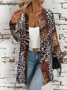 Women's Fall Winter Jacket Loose Fit Outerwear Fashion Design, Simple Style, Casual, Free Style, Artistic, Versatile, Commuter Gift, Multi-Color Leopard Print Long Sleeve Coat Womenswear