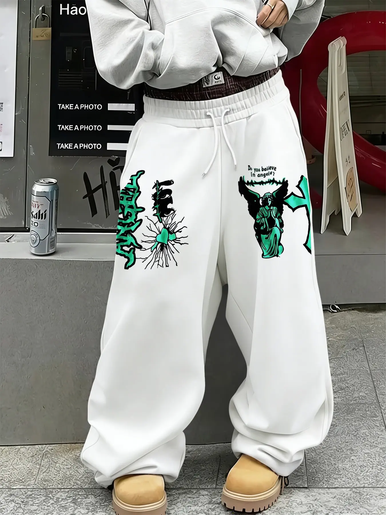 Men's Angel Graffiti Wide Leg Pants, Dark Religious Elements, Sweet Cool Color Contrast, Comfortable Daily Wear