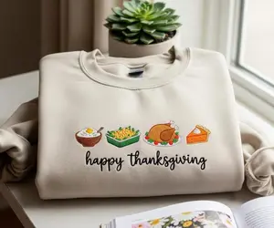 Embroidered Happy Thanksgiving Sweatshirt, Fall Harvest Dinner Crewneck, Autumn Turkey Pie Cozy Holiday Pullover