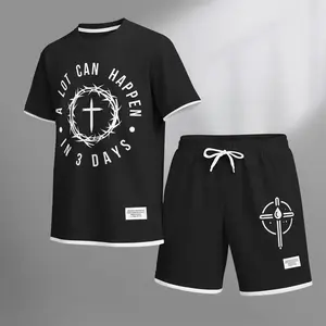 Men's Christian print drawstring shorts set is ideal for spring and summer. This casual summer set includes a short-sleeved shirt and a pair of shorts, suitable for everyday wear and sports.