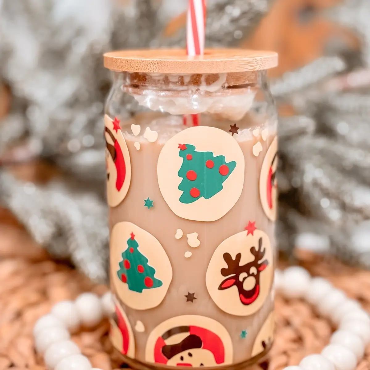 Christmas Tree Cookies Iced Coffee Glass, Tree Cake Glass, Snack Glass, Christmas Gift, Christmas Snacks, Christmas Tree, Snowman, Reindeer Drinkware Handmade Cup