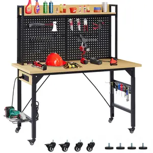 VJIAIEO 48''Adjustable Workbench with pegboard, Heavy Duty Wooden Desktop Workbench with Wheels, 1600 lb. Load Capacity, Rolling Workbench with AC/USB Outlet, Hooks, Shelf, for Garage, Workshop, Office, Home.