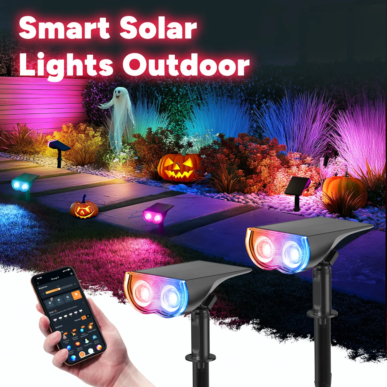 【Halloween Deal, ENDING SOON! 】Linkind Smart Solar Spotlight SL5C Color Changing Cool Warm White Landscape Lighting APP Control Solar Lights Outdoor I