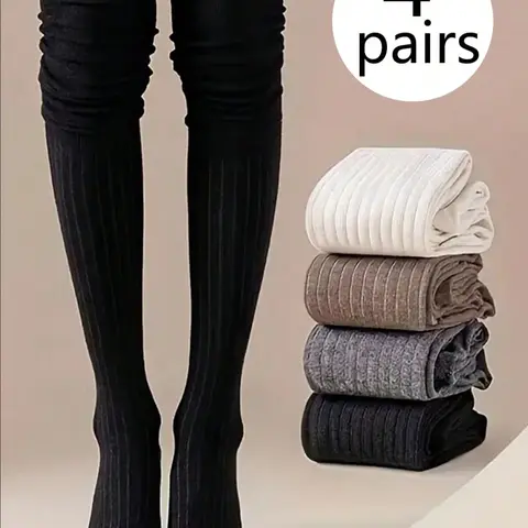 Women's Ribbed Knit Over-the-Knee Thigh High Socks, 4 Pairs Warm Long Fitted Socks, Casual Everyday Socks, Soft Comfy Socks, Soft and Comfortable, Fall & Winter