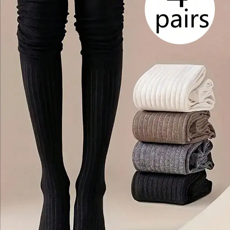 Women's Ribbed Knit Over-the-Knee Thigh High Socks, 4 Pairs Warm Long Fitted Socks, Casual Everyday Socks, Soft Comfy Socks, Soft and Comfortable, Fall & Winter