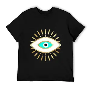 Women's Casual Short-Sleeve Round Neck Streetwear Top, Funny Boho Evil Eye Shirt with Metallic Gold Nazar Graphic, Golden Sunburst Rays & Turquoise Eyes, Spiritual Protection Gift for Her