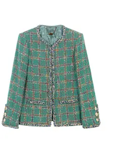 Women's Plaid Print Button Front Crop Tweed Jacket, Elegant Long Sleeve Collared Outerwear for Spring & Fall, Ladies Clothes for Daily Wear, Coats