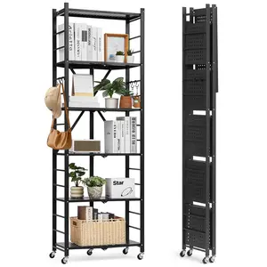 VEVOR 6-Tier Foldable Storage Shelf, 24W x 12D x 72H Inch Folding Metal Rack Shelving Unit, No Assembly Organizer Shelf with 5 Wheels & 4 Hooks for Pantry, Kitchen, Garage, Basement, Black