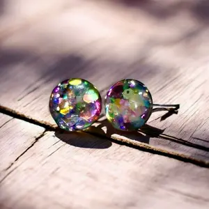 Fae Nightbloom Prism Stud Earrings - Purple/Green Glitter Fairycore with Iridescent Finish, Magical Jewelry Gift Holographic