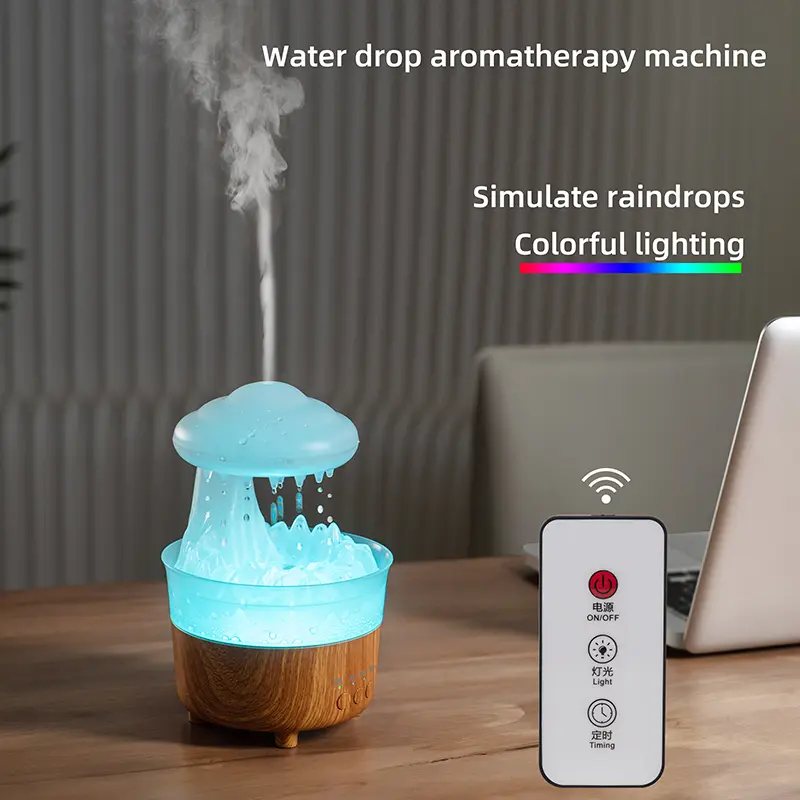 Rain Cloud Water Drop Aroma Diffuser with Cloud Top, USB-Powered Wood Base, Remote Control, 7-Color RGB Night Light Cool Mist Humidifier, 2/4/8H Timer, Quiet Mist+Lighting Diffuser for Bedroom Home Use