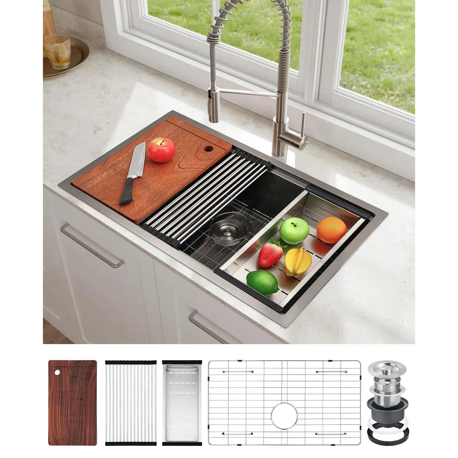Undermount Kitchen Sink 32x19 Inch - 16 Gauge Stainless Steel Single Bowl Workstation with Ledge, Deep 10'' Utility Basin, Modern Brushed Finish, Cutting Board, Hardwood Colander, Basket Strainer, Black/Silver, Single Hole, Hygienic & Easy to Clean
