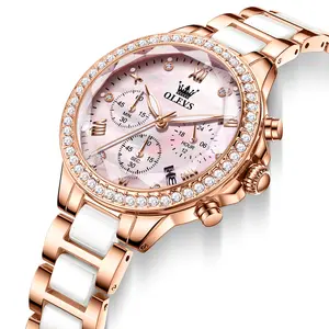 OLEVS Women's Diamond Watch, Waterproof Ceramic Multifunctional Luminous Quartz, Stainless Steel Strap, Day Date Window Modern Fashionable Wristwatch Rhinestones Decor Wristwatch