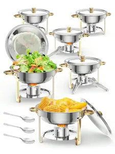 5QT Round Stainless Steel Chafing Dishes Set With Lid Holder & Cover - Gold Buffet Warmers For Parties/Festivals/Weddings (6-Pack)